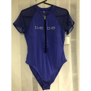 bebe Womens Cobalt Blue Mesh Sleeve Rhinestone Logo One Piece Swimsuit BBOP 33 L